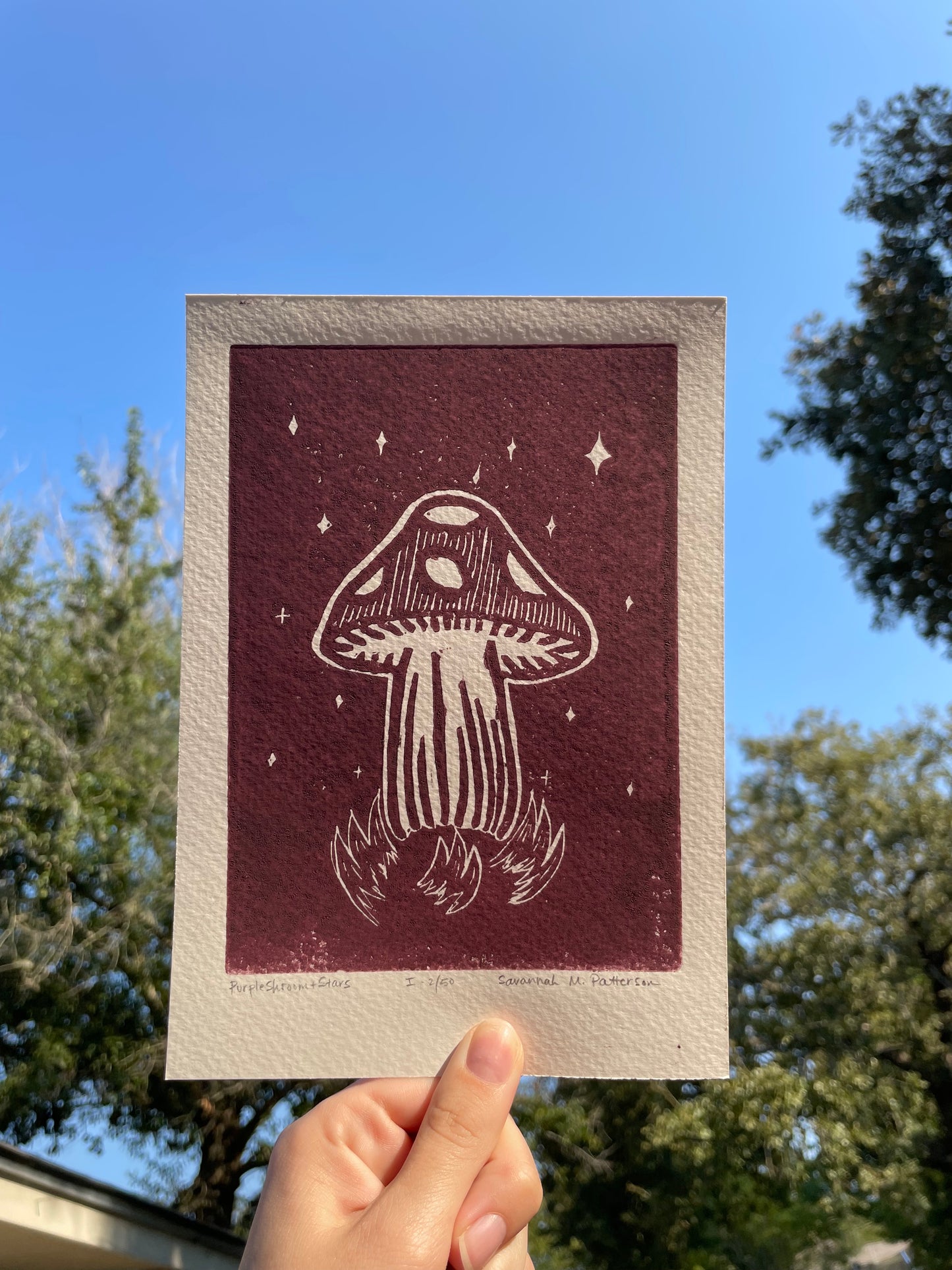 Purple Shroom and Stars | Linocut Print