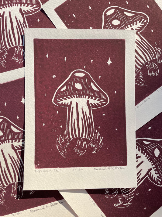 Purple Shroom and Stars | Linocut Print