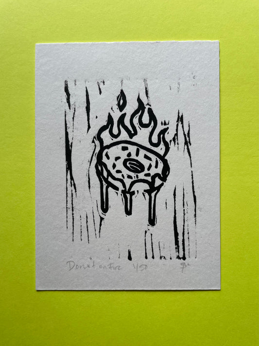 Donut on Fire | Linocut Print