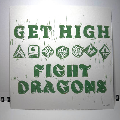 Get High Fight Dragons | Linocut Print