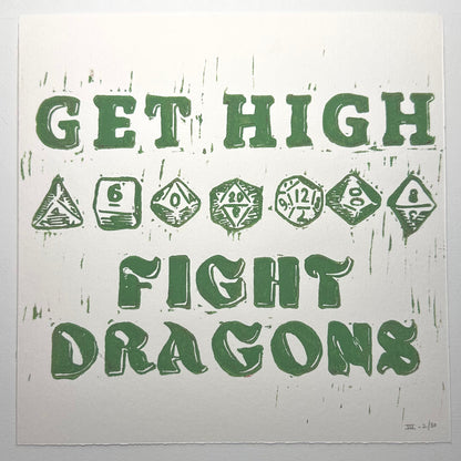 Get High Fight Dragons | Linocut Print