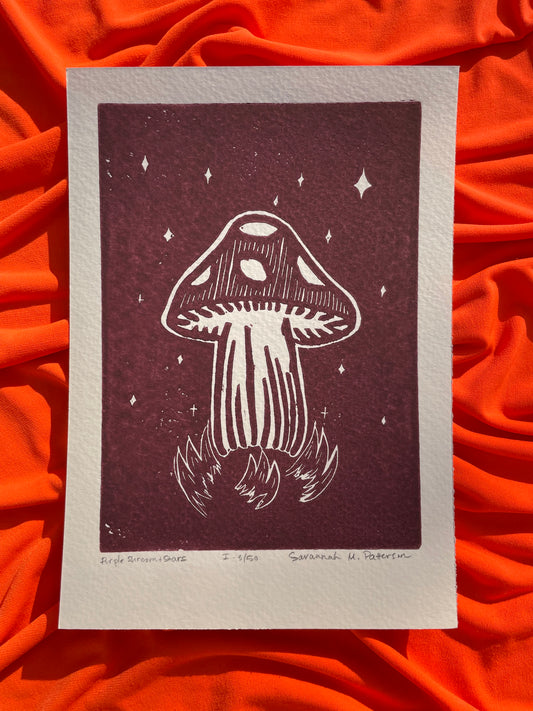 Purple Shroom and Stars  | Linocut Print