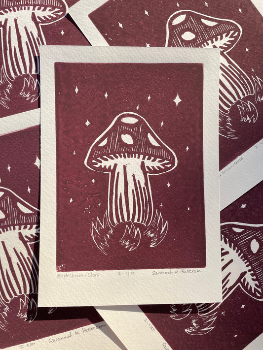 Purple Shroom and Stars  | Linocut Print