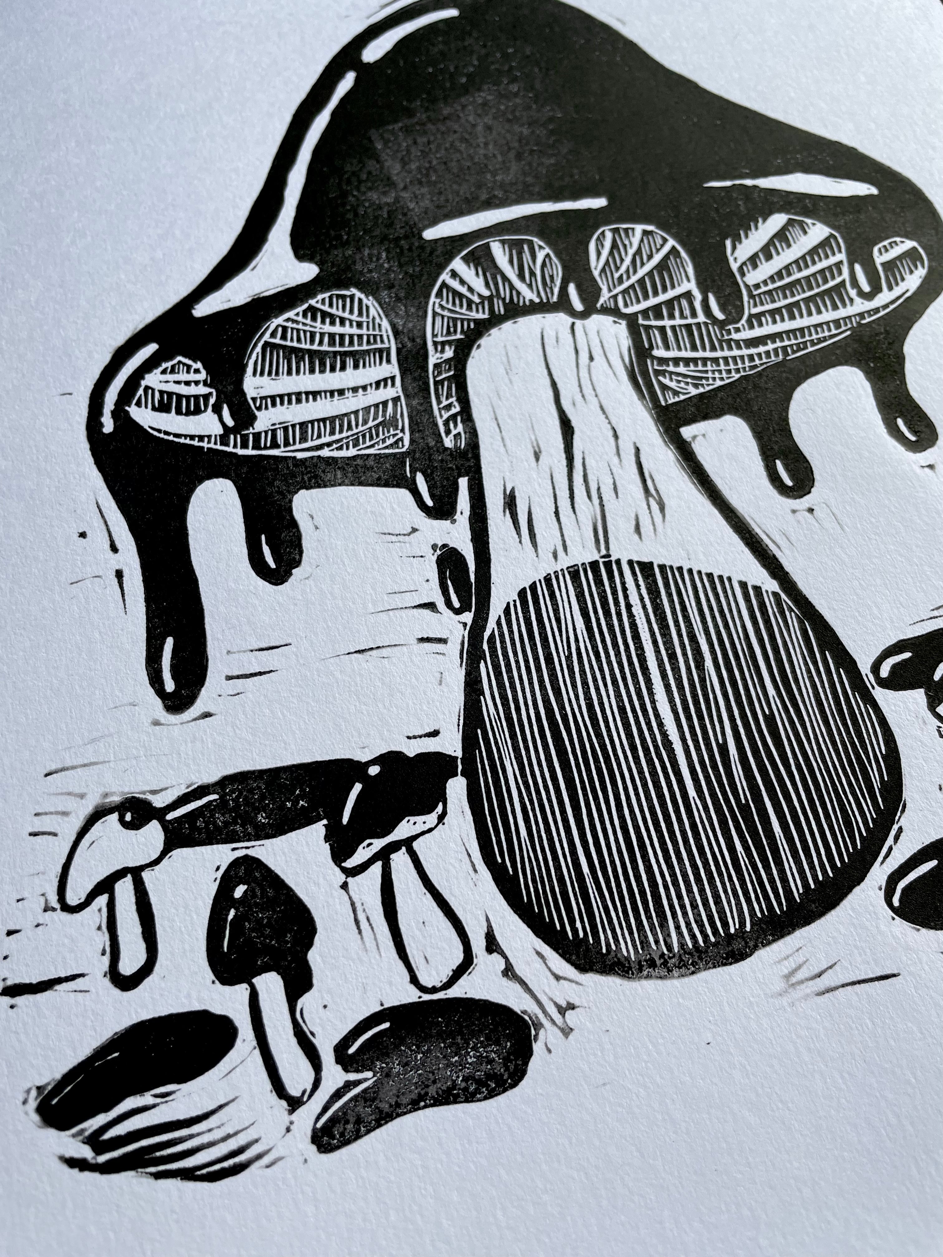 Linocut Tiny offers House #6 engraving house eye mushrooms